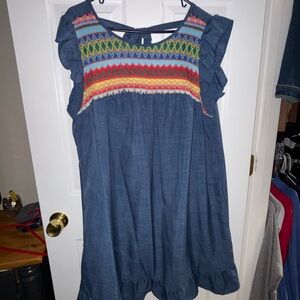 SHEIN Blue Chambray Dress with Multicolor Embroidered Yoke